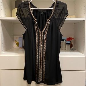 Black V-neck WHBM blouse with gold sequins detail.  Never worn.